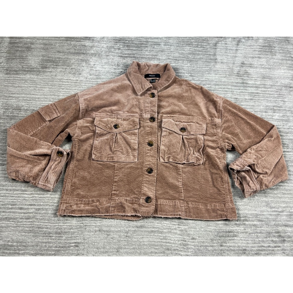 Forever 21 Corduroy Jacket Womens L‎ Mauve Shacket Relaxed Fit Raw Hem Button Up